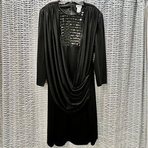 Vtg 1980s Holiday Cocktail Dress Gilberti XL or 2XL Black Sequins Draped Bodice